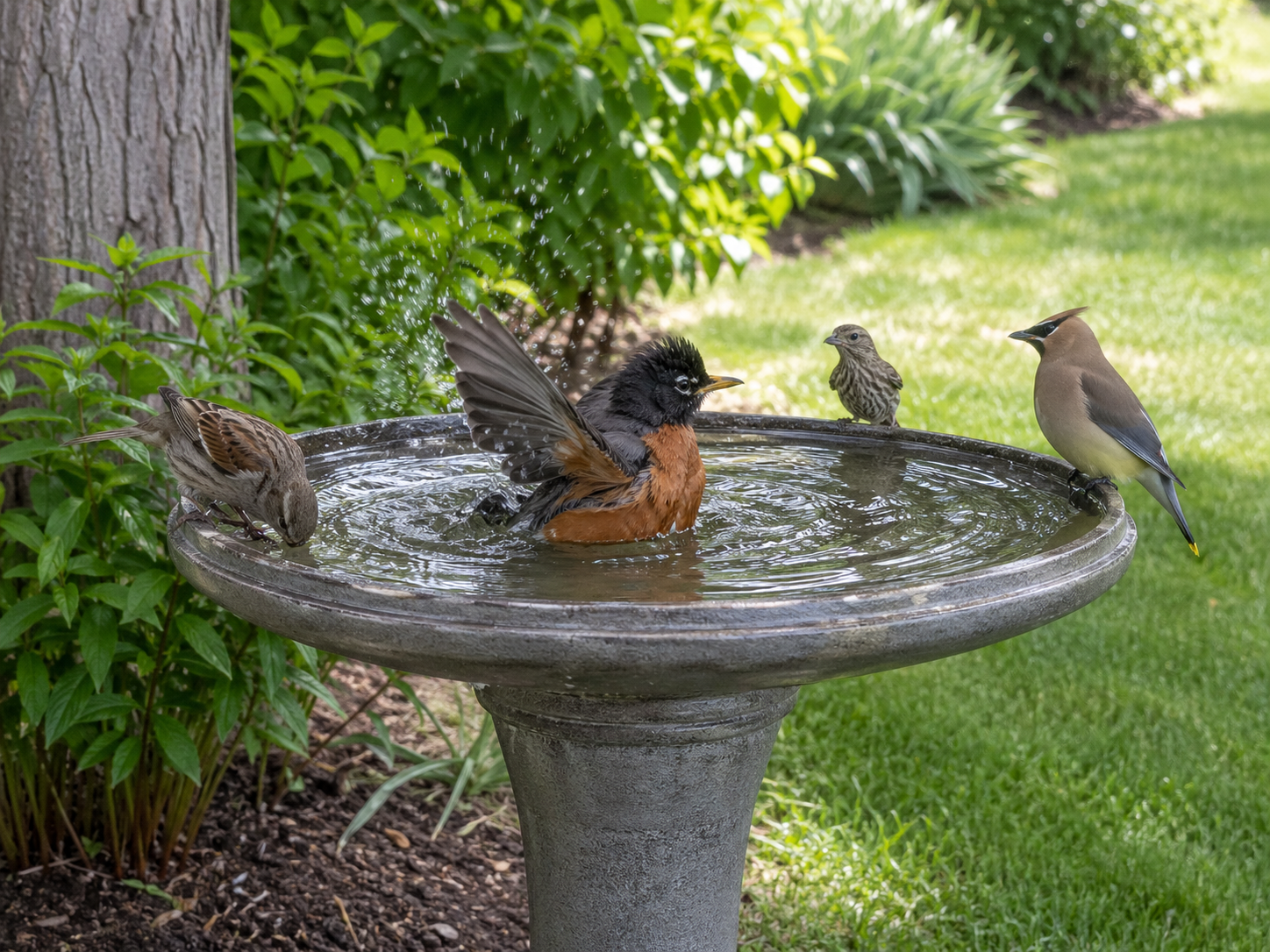 Several backyard birds use a shallow pedestal bird bath, including a robin splashing in the water and small songbirds drinking from the rim.