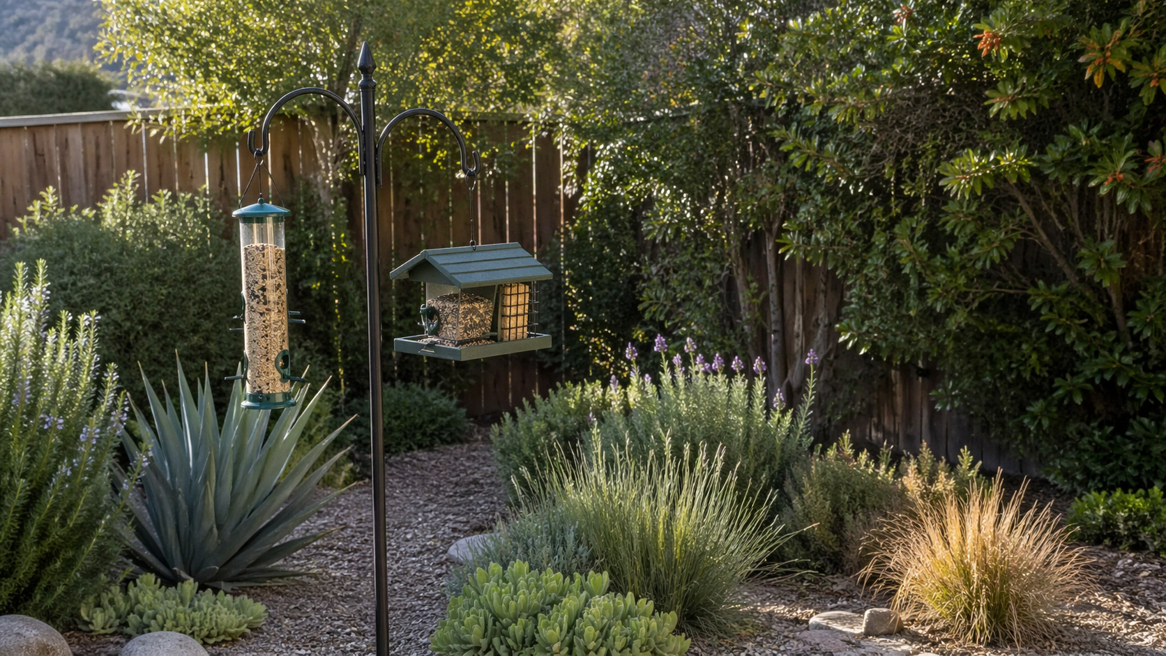 Bird feeder setup placed near shrubs and a wooden fence line in a backyard with drought-tolerant plants.