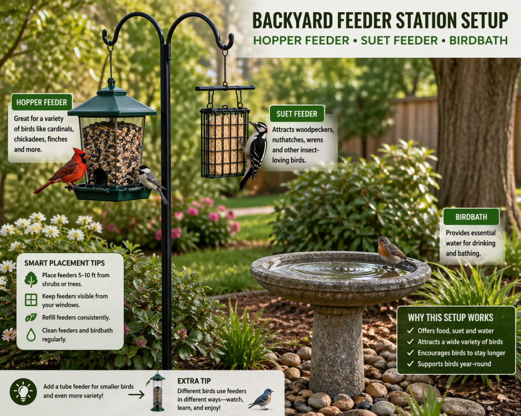 backyard bird feeder station with hopper feeder, suet feeder, and birdbath placed near shrubs