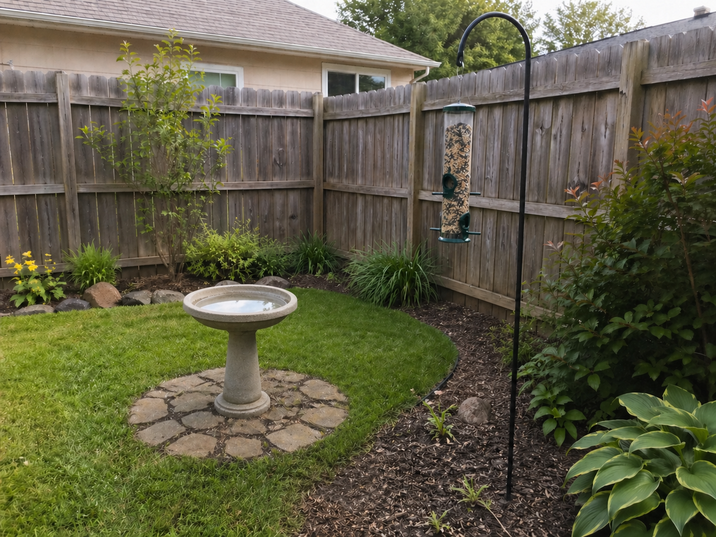 Small fenced backyard garden with a concrete birdbath placed on patio stones near a lawn, shrubs, mulch beds, and a hanging tube bird feeder.