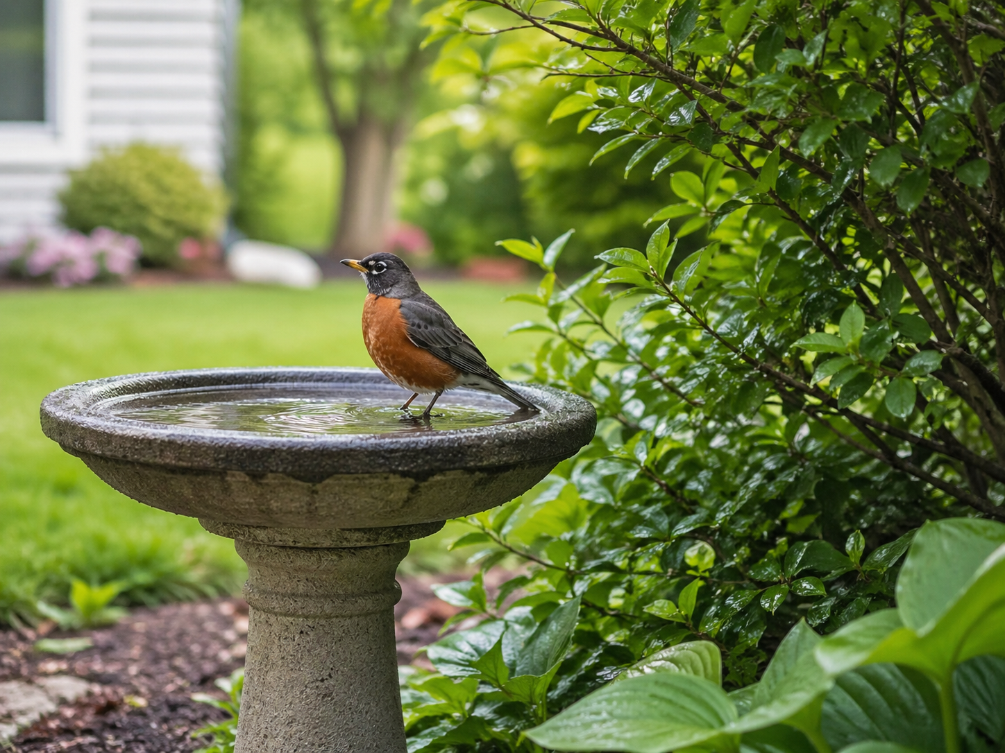 American Robin standing in a shallow backyard bird bath near green shrubs.
