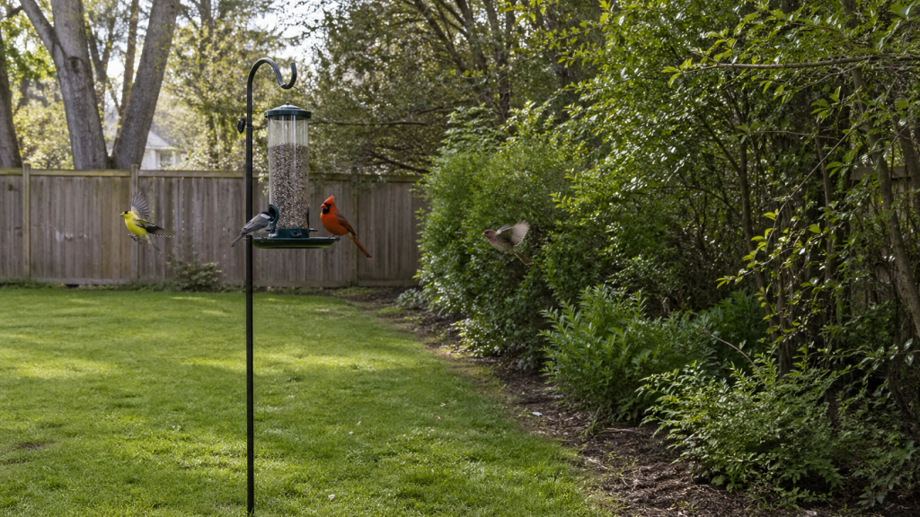 A backyard bird feeder in New York set about 5 to 10 feet from shrub cover, with birds visiting and dense greenery nearby.