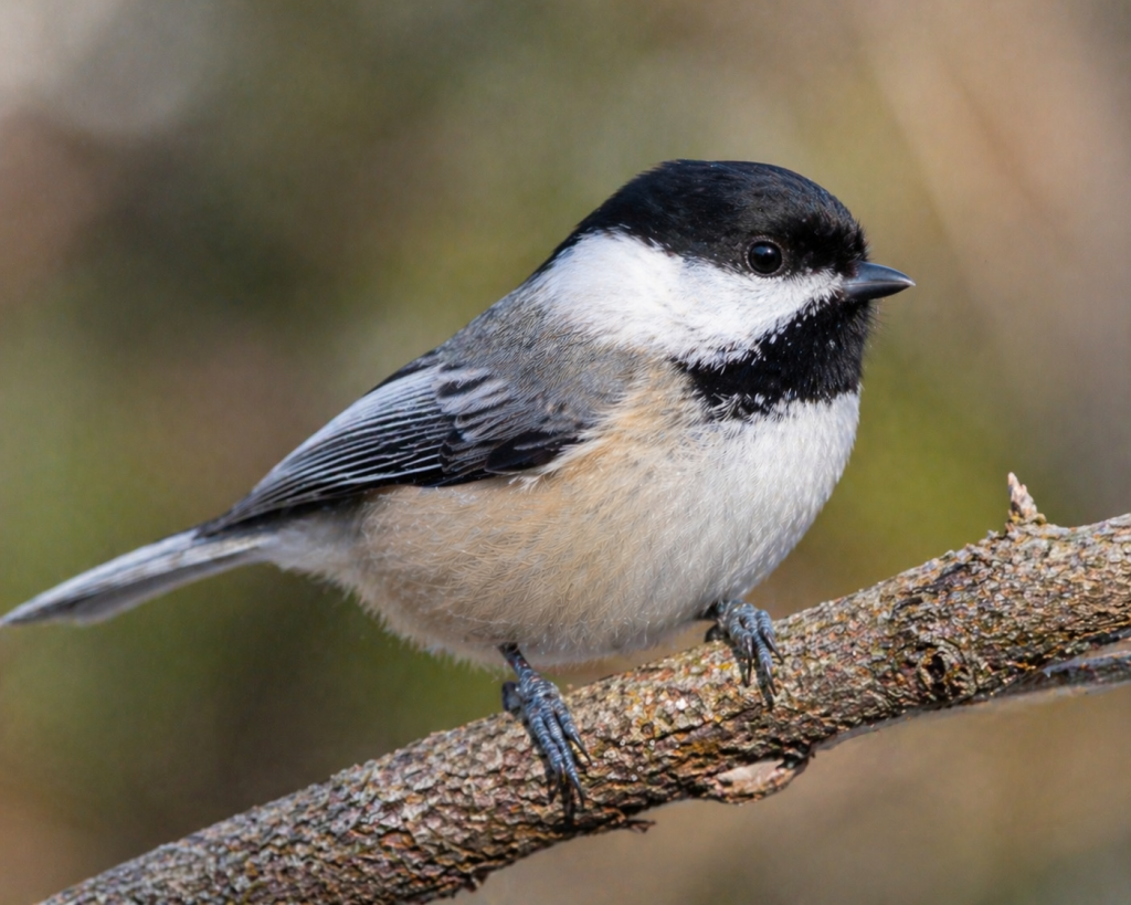 black-capped chickadee perched on a tree branch showing black cap and white cheeks in close-up view