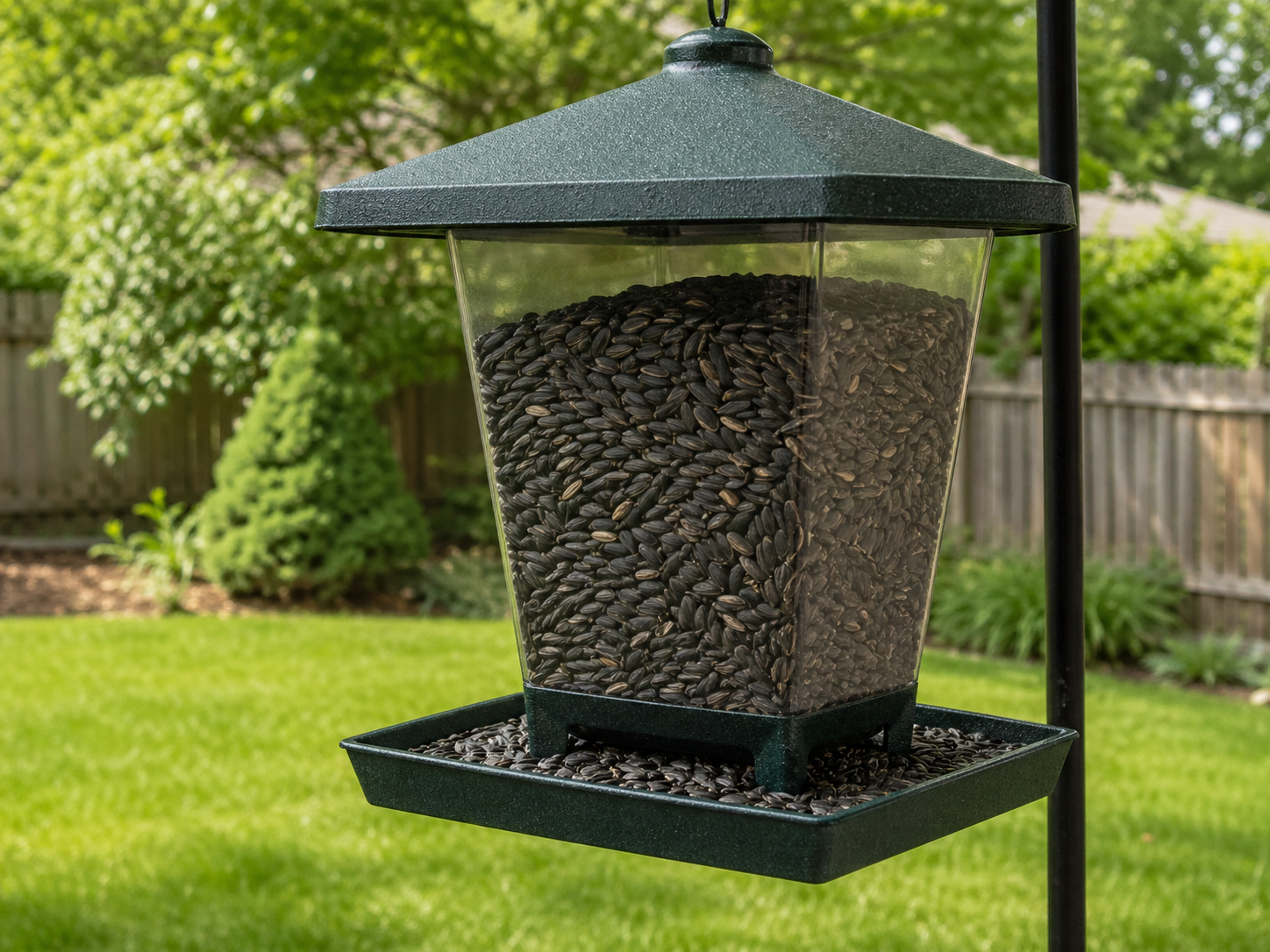 A dark green hopper bird feeder filled with black oil sunflower seed hangs in a backyard with a green lawn, shrubs, trees, and a wooden fence in the background.