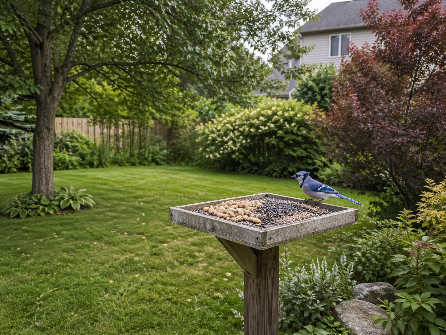 Platform feeder placed near tree cover to attract blue jays