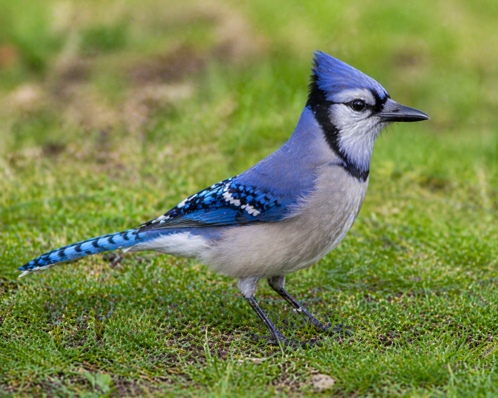 Blue jay standing on grass in side profile