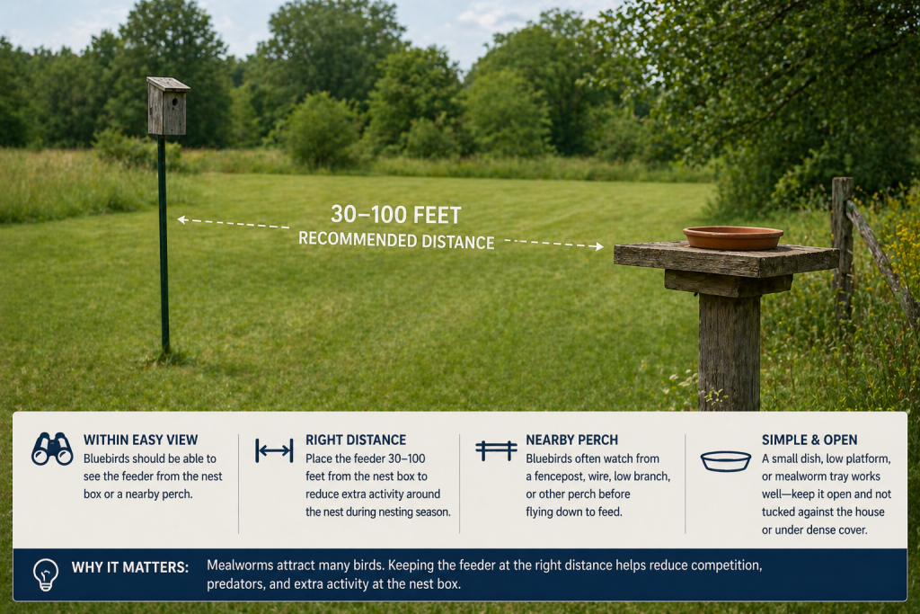 An infographic showing a rustic bluebird nest box on a metal pole across an open lawn from a mealworm platform feeder, with a recommended distance of 30 to 100 feet.