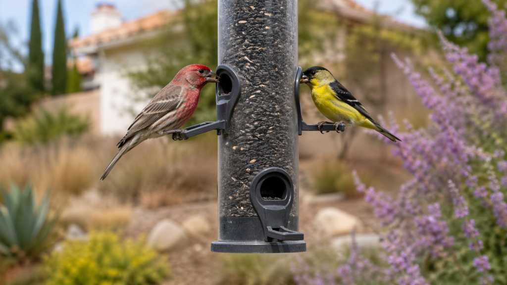 House Finch and Lesser Goldfinch feeding from opposite sides of a tube feeder in a California backyard with native plants softly blurred behind them.