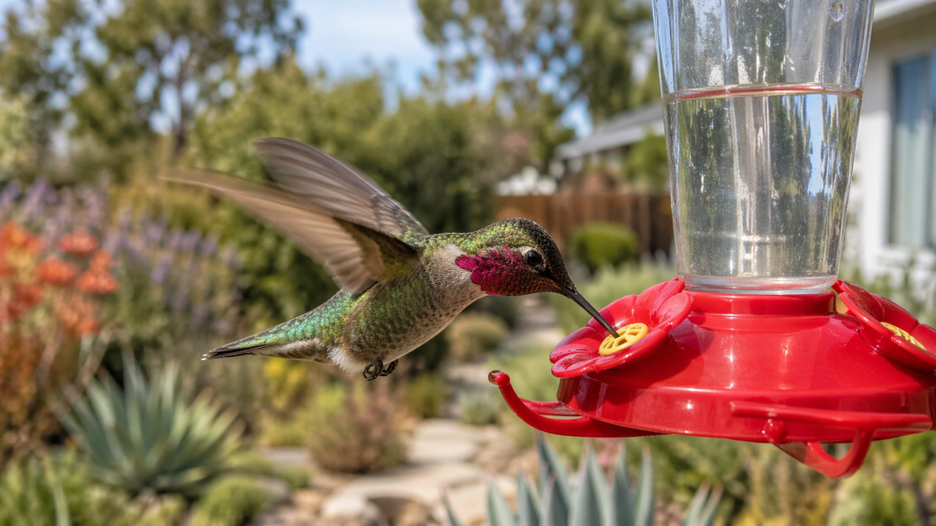Anna’s Hummingbird hovering at a red nectar feeder in a California backyard with native plants softly blurred in the background.