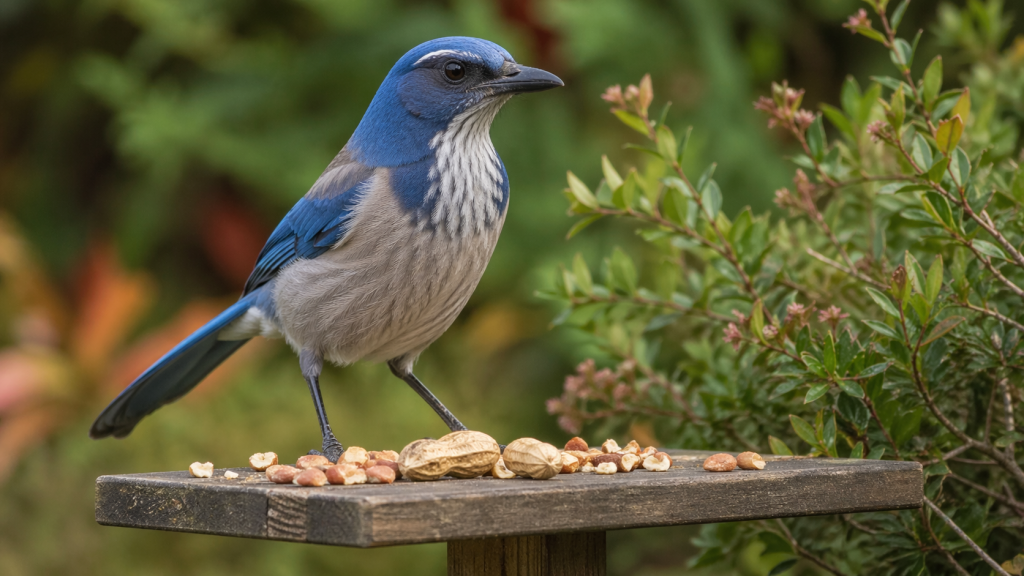 California Scrub-Jay perched on a wooden platform feeder with peanuts near dense backyard shrubs.