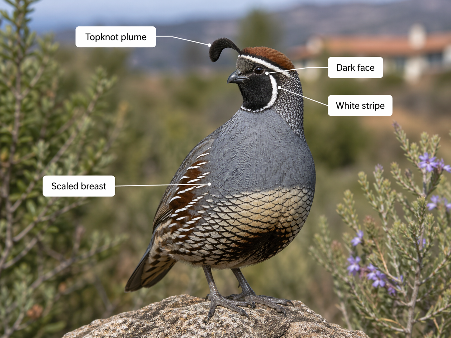 Male California Quail showing curved topknot plume, scaled breast, and dark face with white stripe