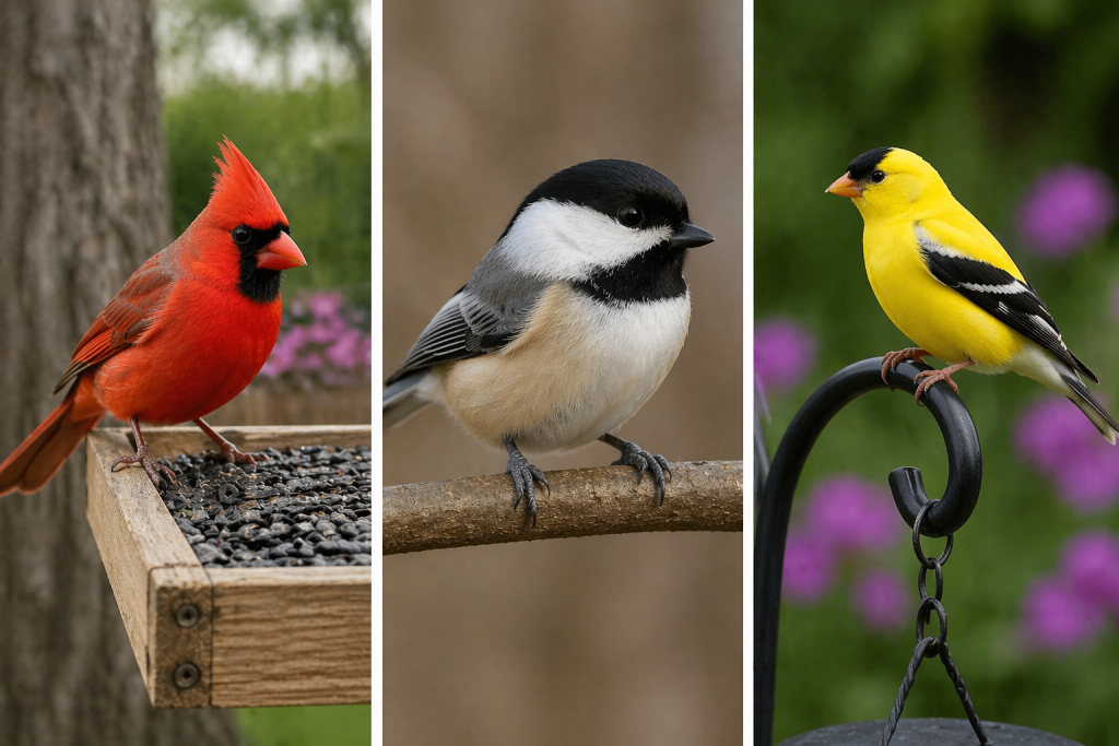 cardinal hopper feeder chickadee and american finch perched