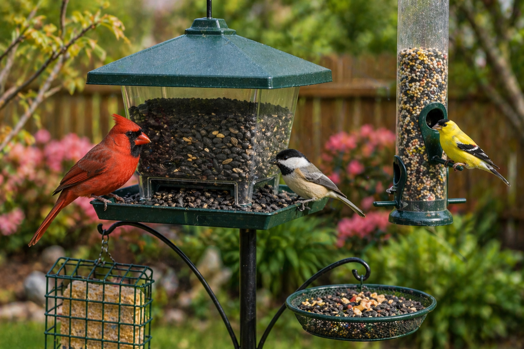 northern cardinal black-capped chickadee and american goldfinch feeding together at a backyard feeder station
