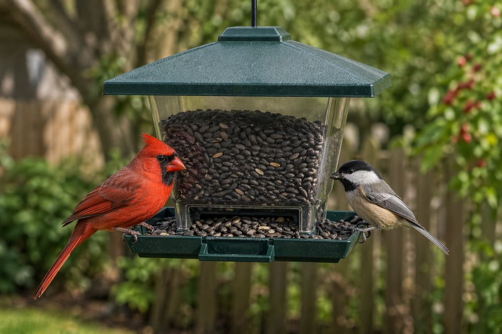 northern cardinal and black-capped chickadee feeding at a hopper feeder in a backyard