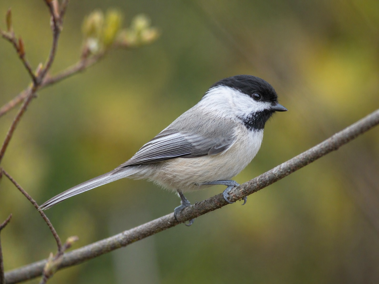 Carolina chickadee perched on a thin woodland branch showing black cap white cheeks and small black bib