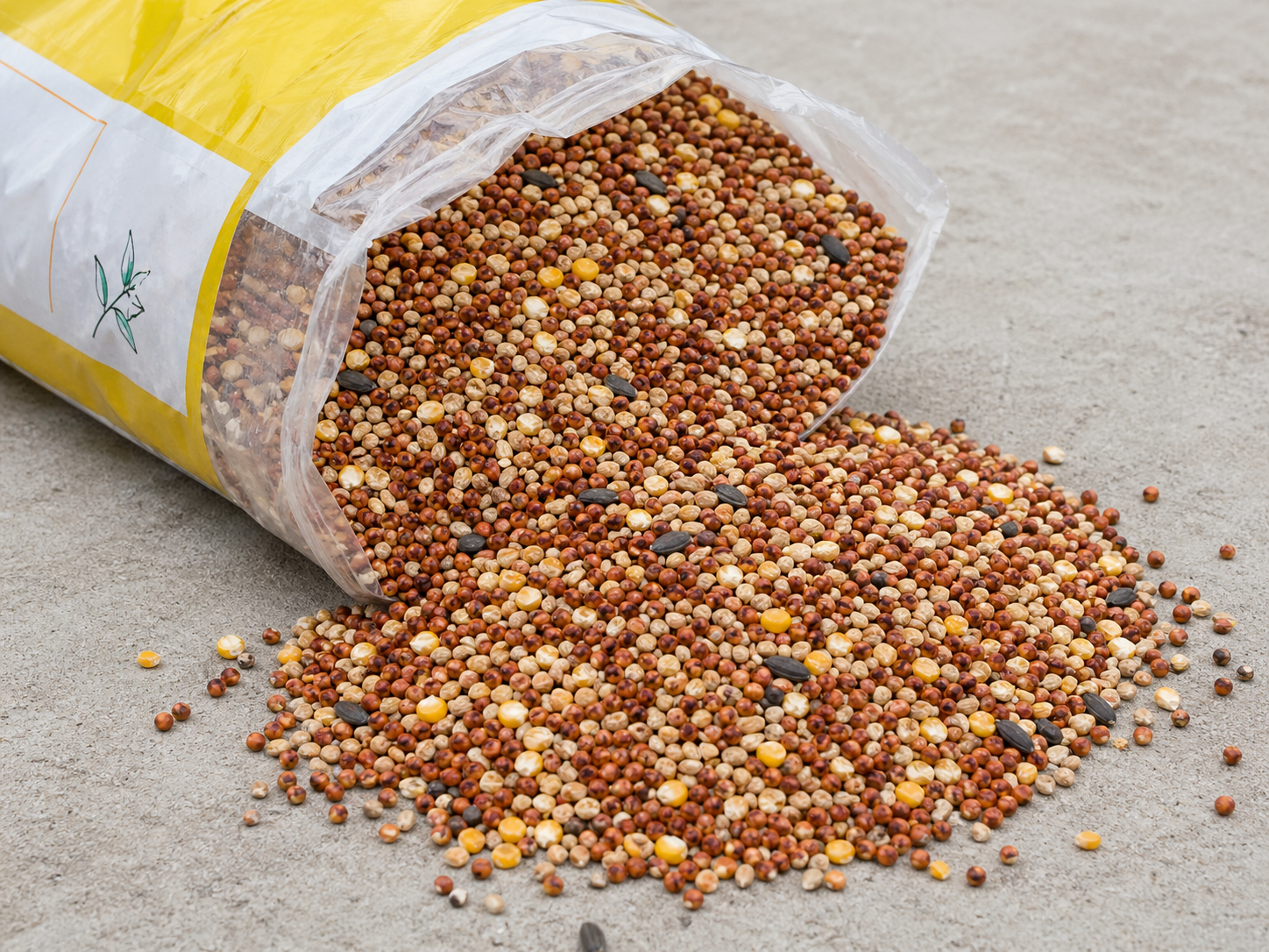 Cheap mixed bird seed bag with red milo visible — a common filler most birds reject.