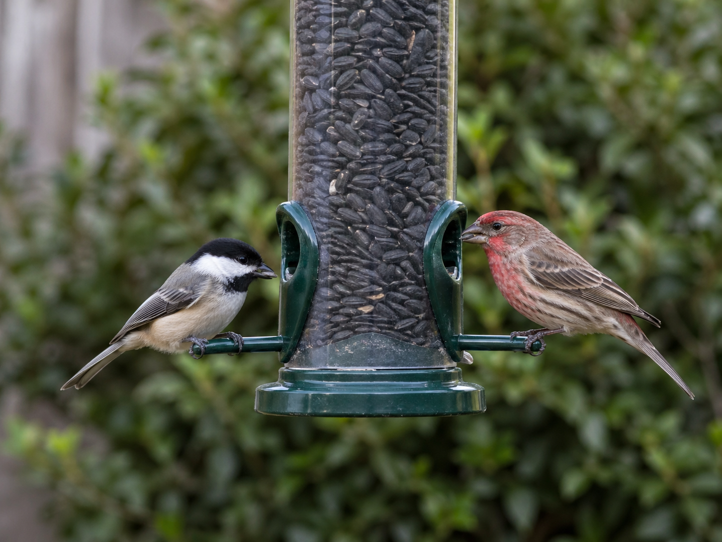 A black-capped chickadee and a red house finch perch on opposite sides of a tube feeder filled with black oil sunflower seed, with a soft green backyard background.