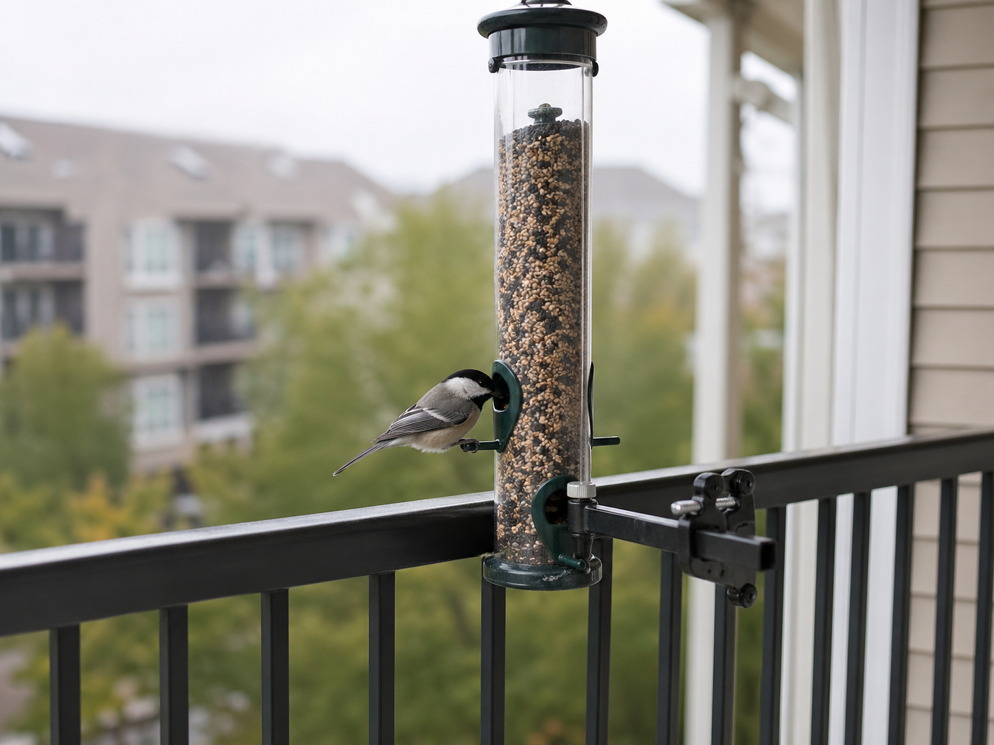 A black-capped chickadee perched at the port of a clear tube feeder mounted to an apartment balcony railing.