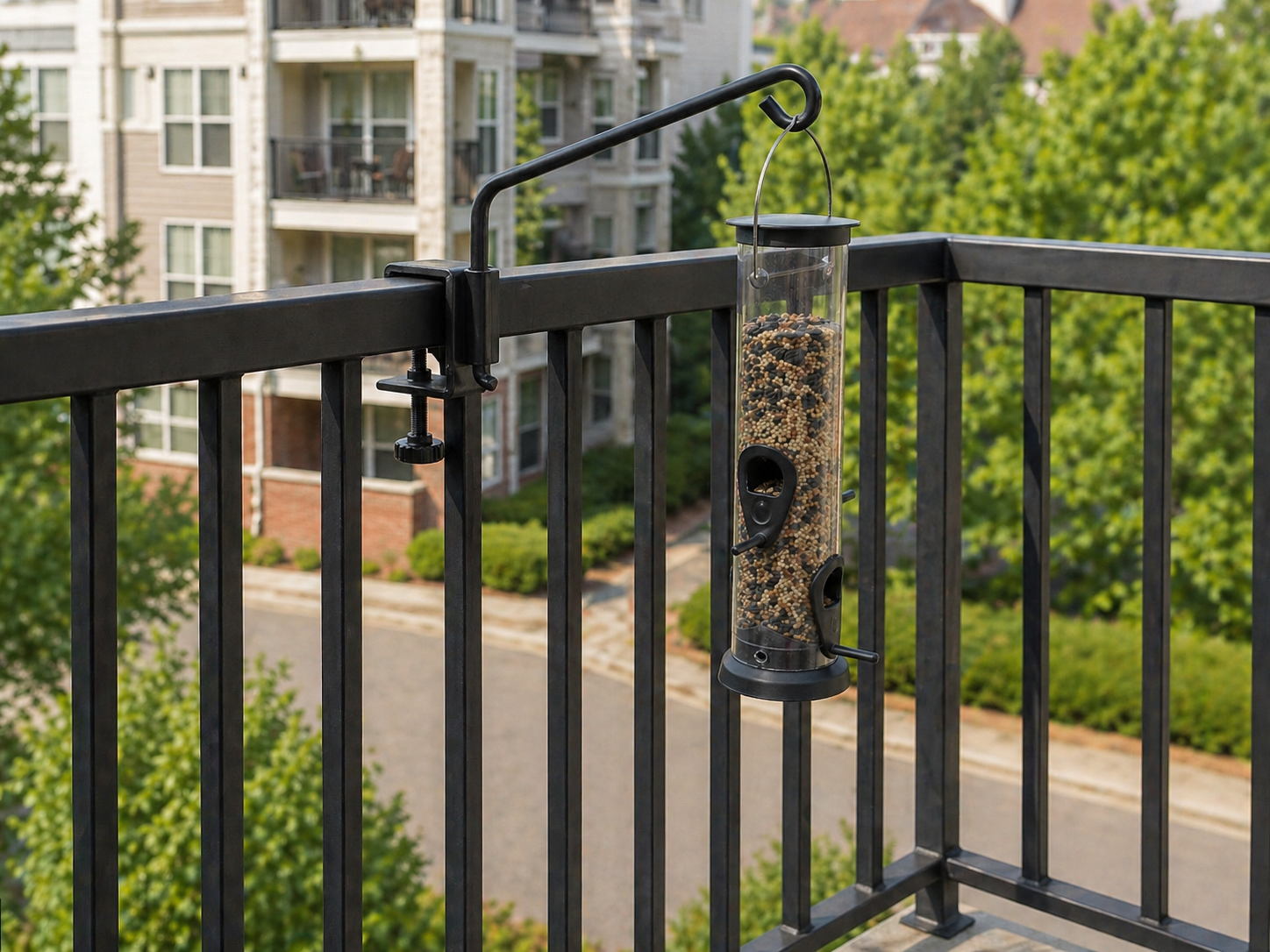 A clamp-on black metal railing hook holds a seed-filled tube bird feeder on an apartment balcony railing.