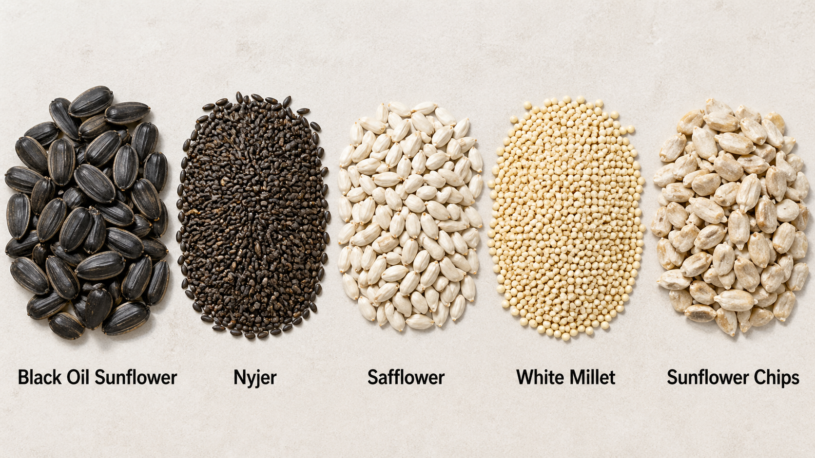 Five common bird seed types are shown in separate piles with labels: black oil sunflower, nyjer, safflower, white millet, and sunflower chips.
