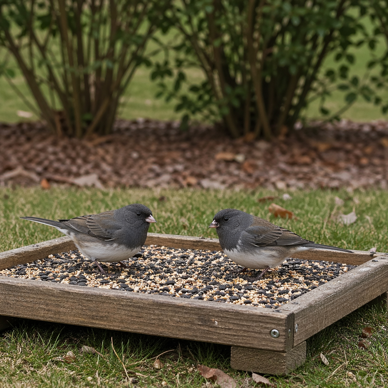 platform feeder placed near shrub cover to attract dark-eyed juncos to a backyard