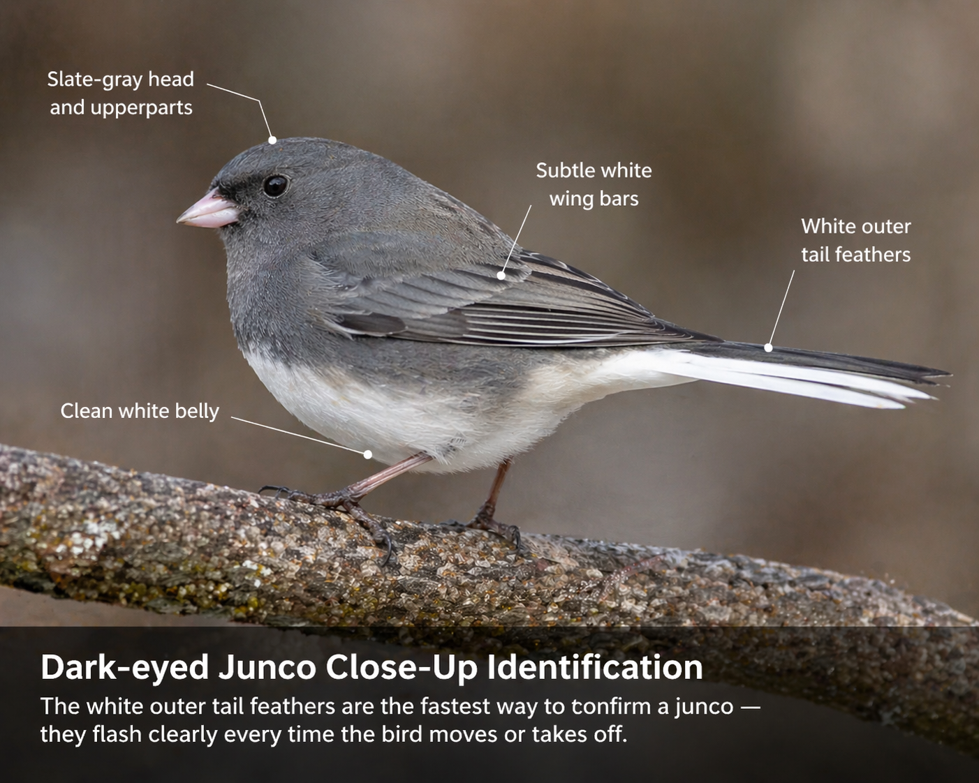 dark-eyed junco close-up showing slate gray plumage and white outer tail feathers