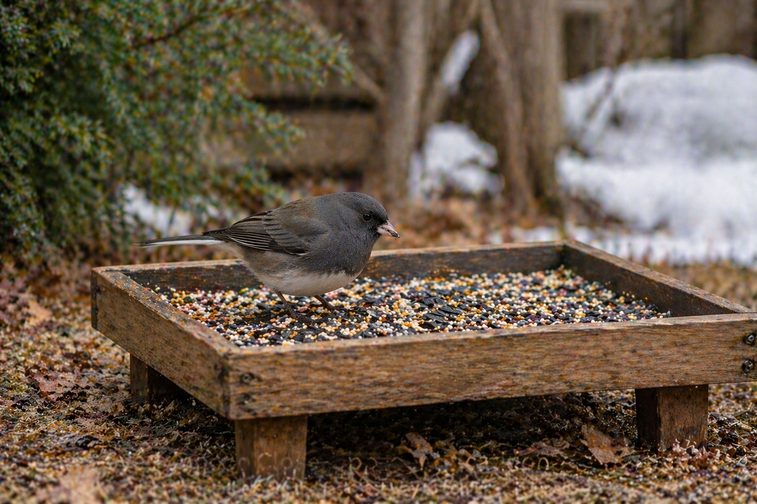 dark-eyed junco feeding at a low platform feeder in a backyard