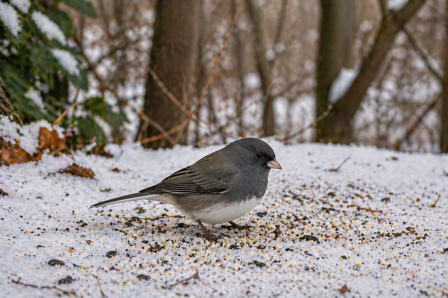 dark-eyed junco foraging on snow-covered ground at woodland edge near a backyard