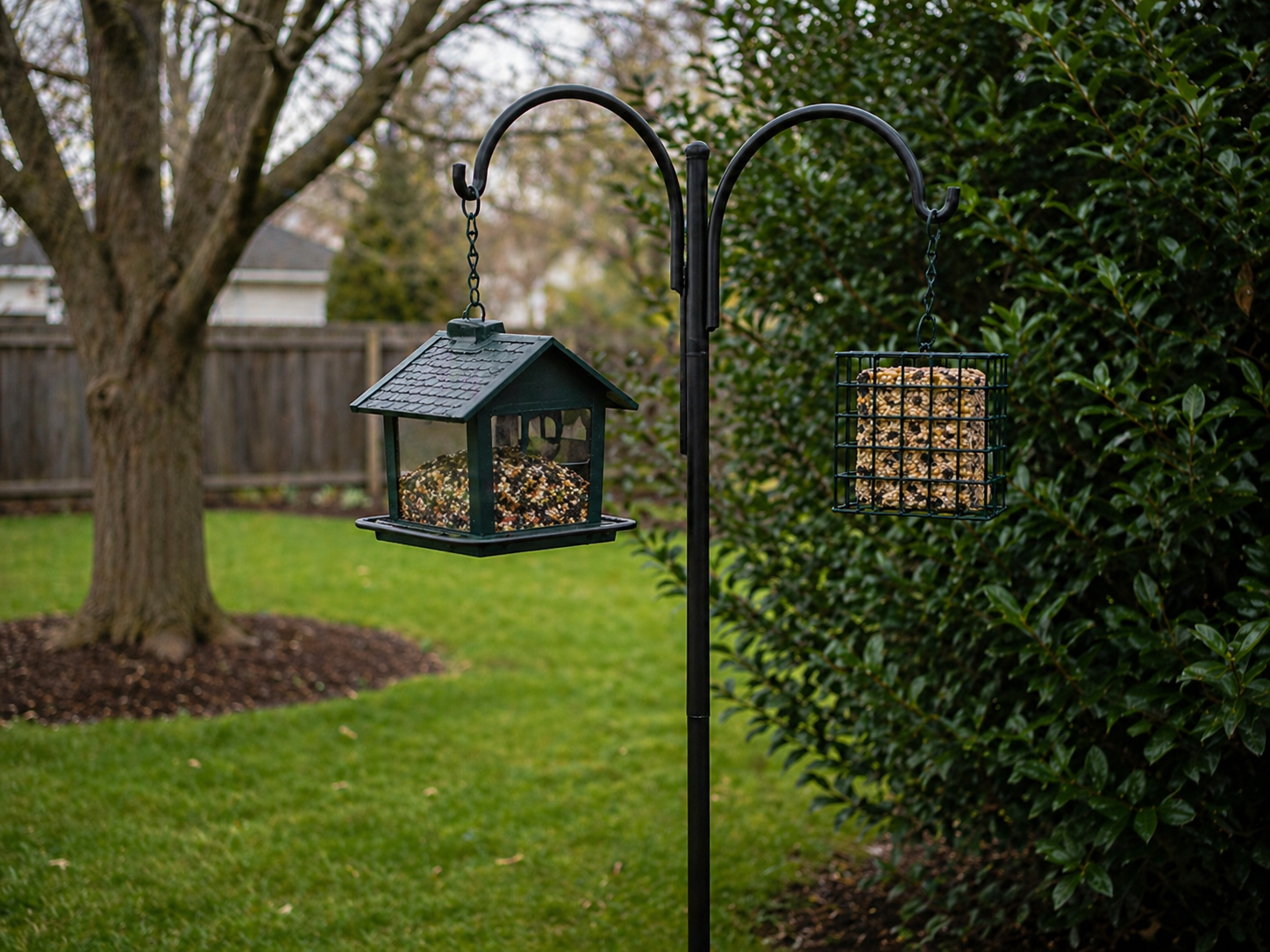 Black double shepherd’s hook in a backyard holding a house-shaped hopper feeder on one side and a wire suet cage feeder on the other, with a tree, lawn, fence, and shrub cover in the background.