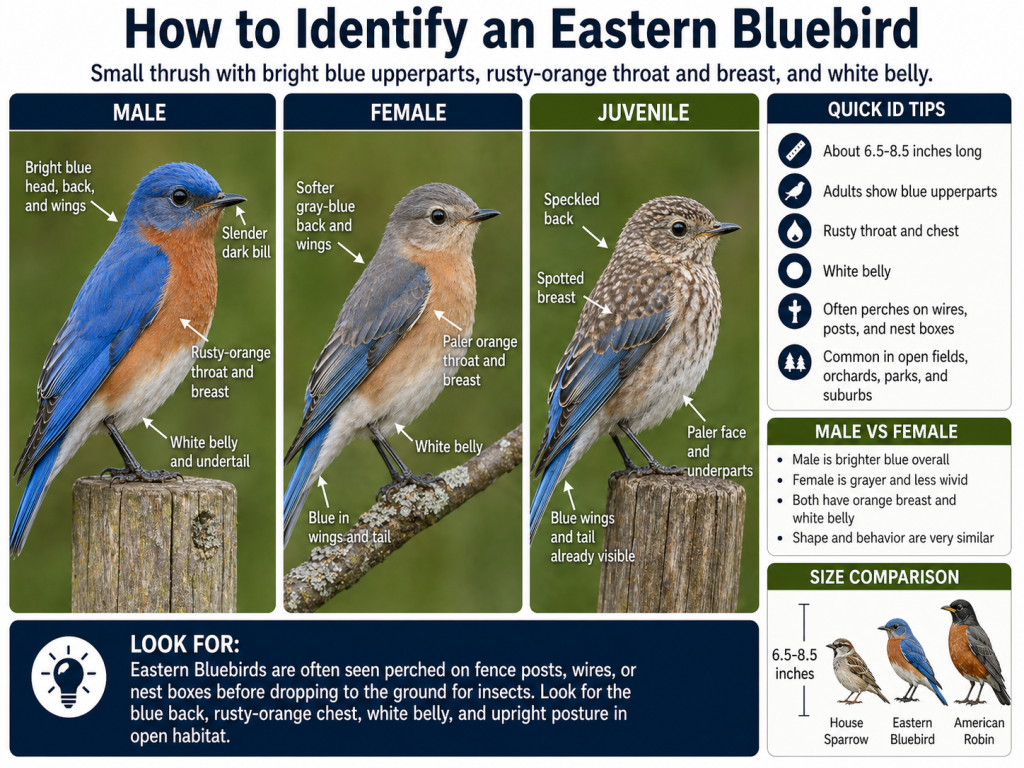 An Eastern Bluebird identification infographic comparing male, female, and juvenile birds with labeled field marks, quick ID tips, and a size comparison.