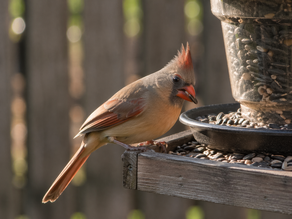 Female northern cardinal gripping the feeder edge beside a hopper feeder in a backyard, head tilted toward a seed.