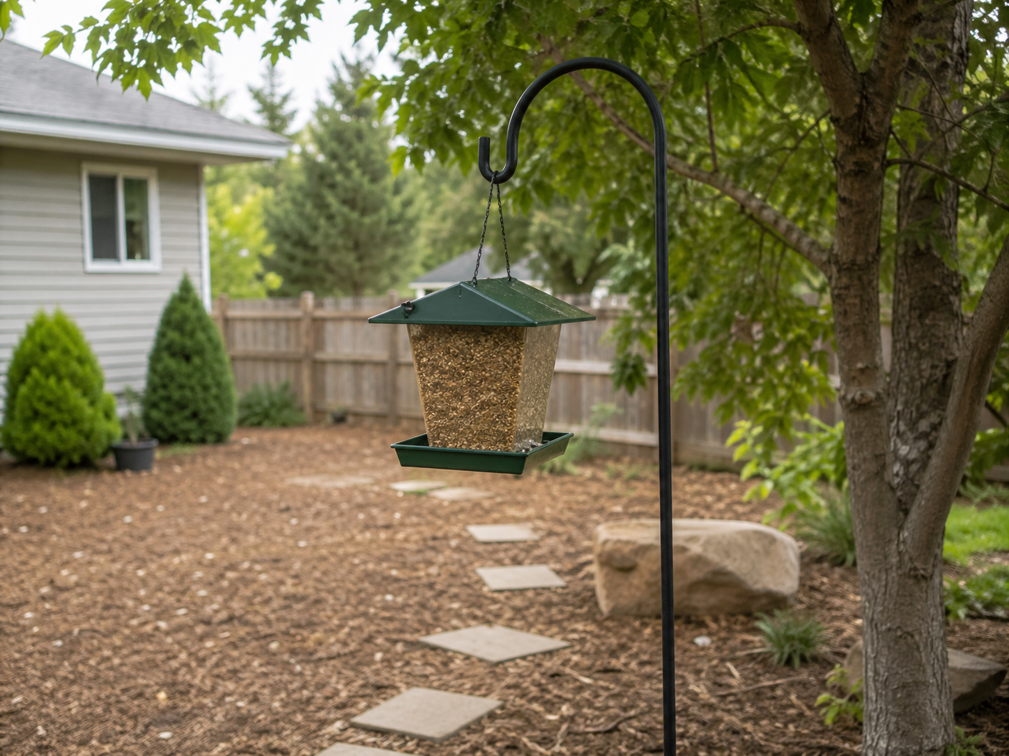A green hopper bird feeder hangs from a black shepherd’s hook near leafy trees in a mulch-covered backyard with stepping stones, shrubs, and a wooden privacy fence.