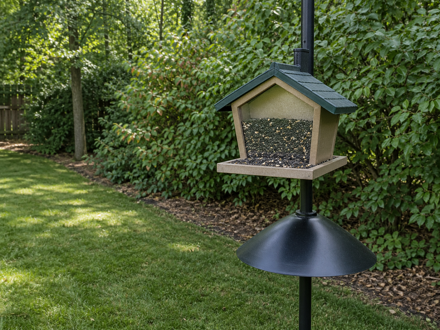 Hopper bird feeder on a black pole filled with black oil sunflower seed, placed near dense backyard shrubs with open lawn nearby.