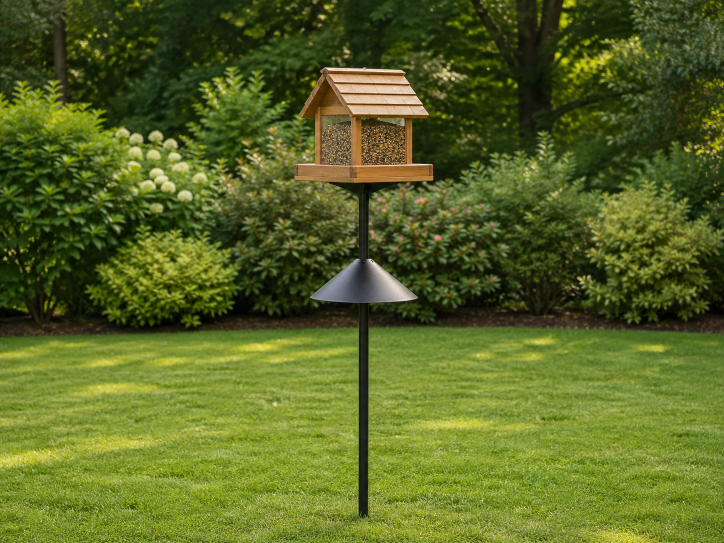 Hopper bird feeder mounted on a pole with a squirrel baffle below the tray and placed about 5 feet from a shrub border
