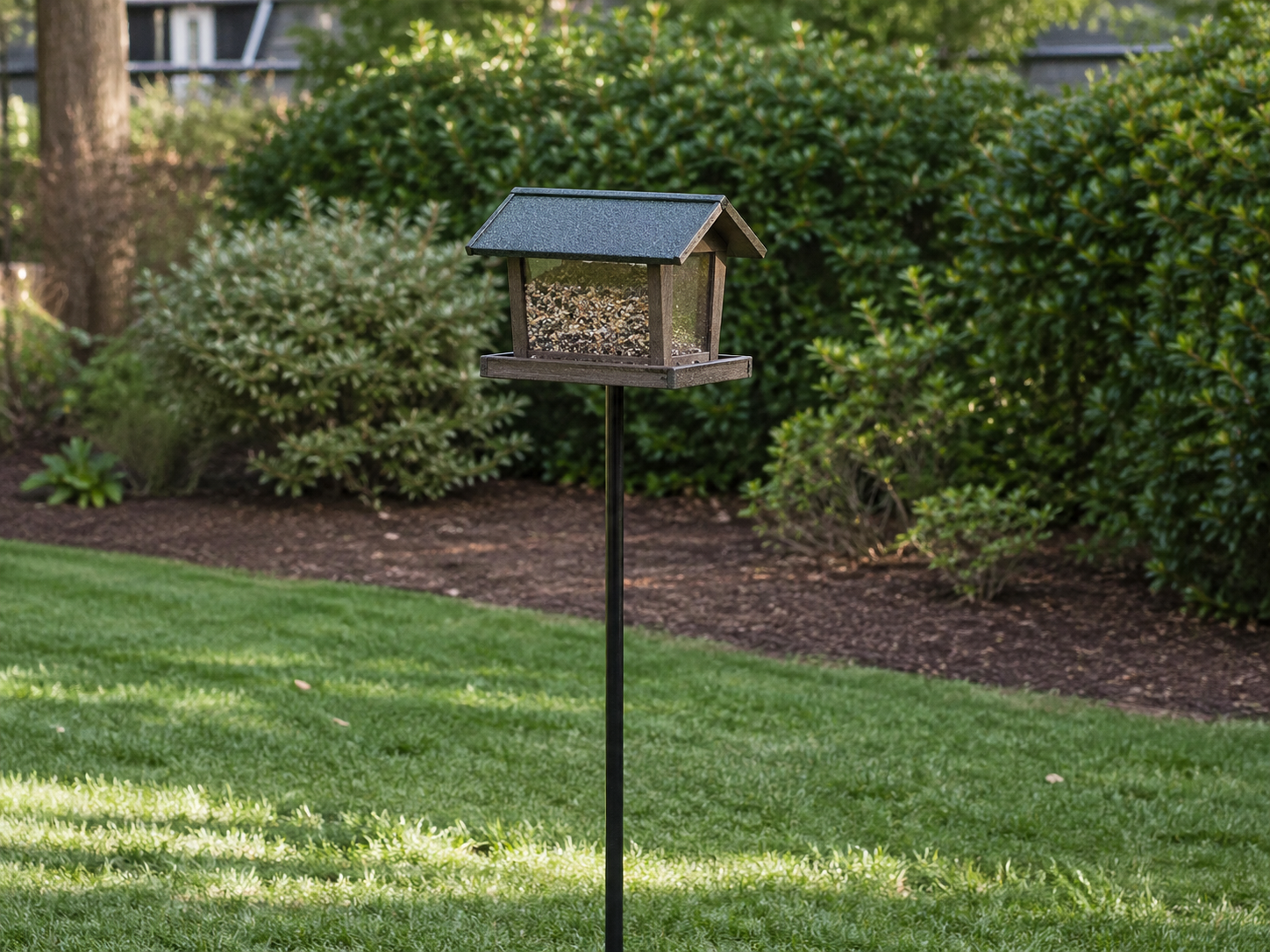 A hopper bird feeder mounted on a pole stands in a backyard lawn about eight feet from a shrub border and mulch bed.