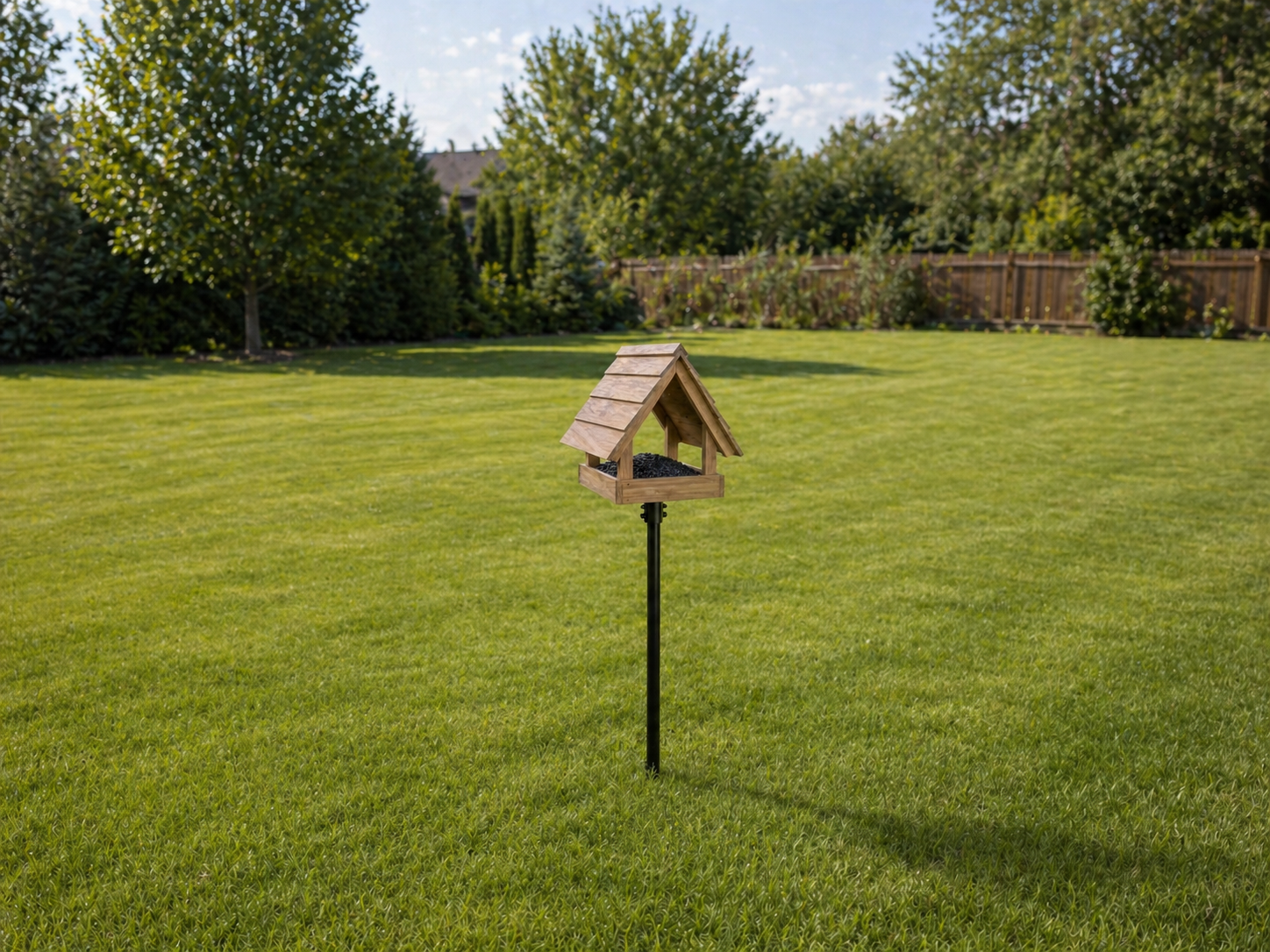 A wooden steeple-shaped hopper feeder stands alone on a pole in the middle of an open backyard, far from shrubs and tree cover.