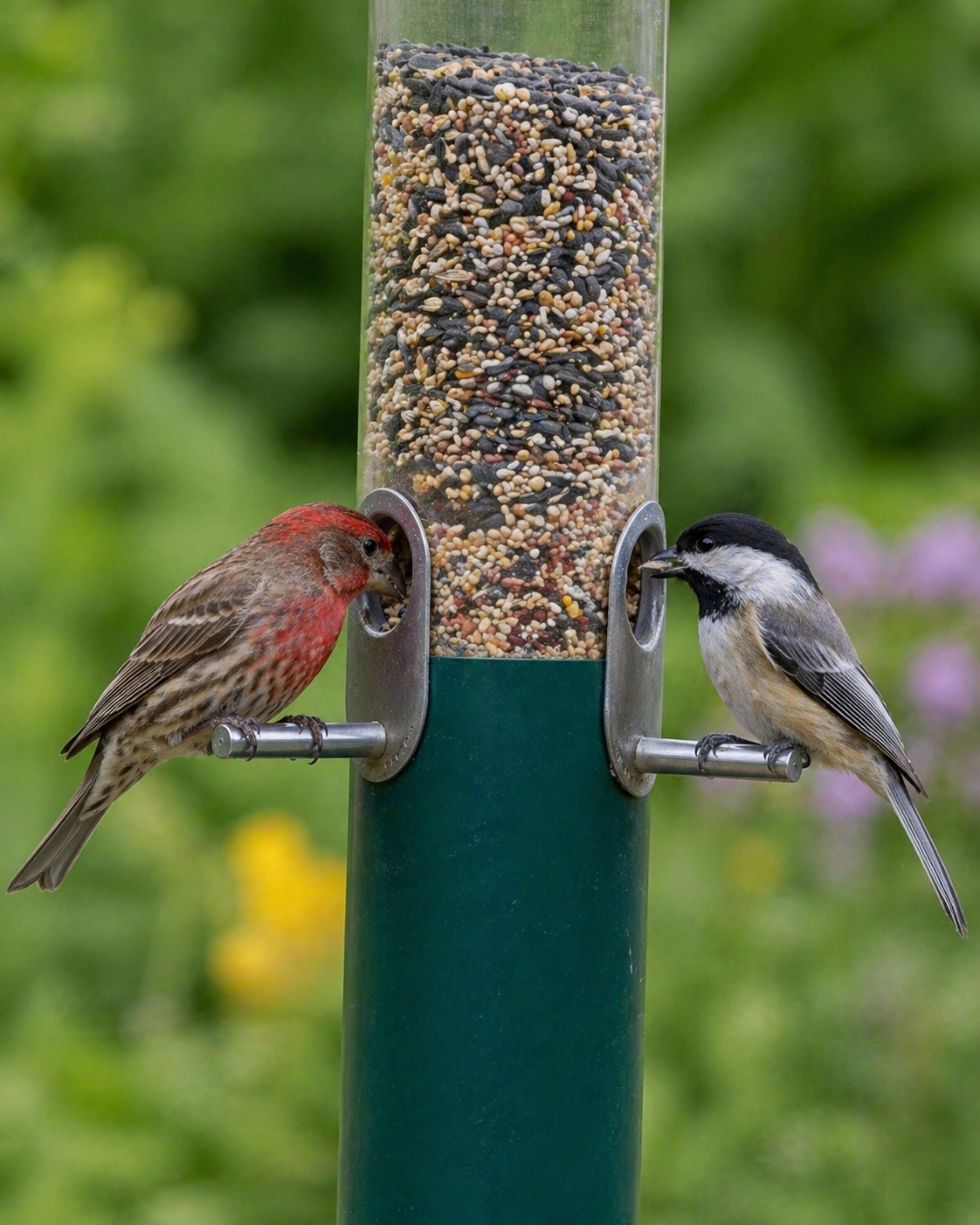 House Finch and chickadee perched on short metal perches while feeding from separate ports on a clear tube bird feeder filled with mixed seed.