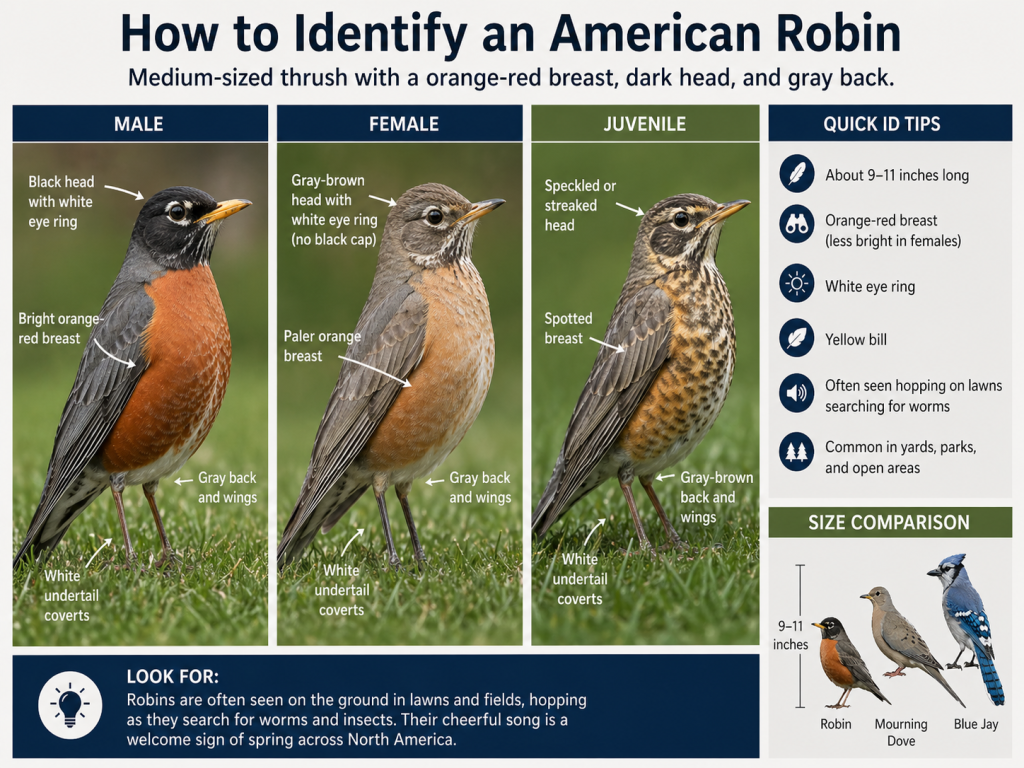 Educational identification guide for American robins showing male, female, and juvenile birds with labeled features, quick ID tips, and a size comparison.