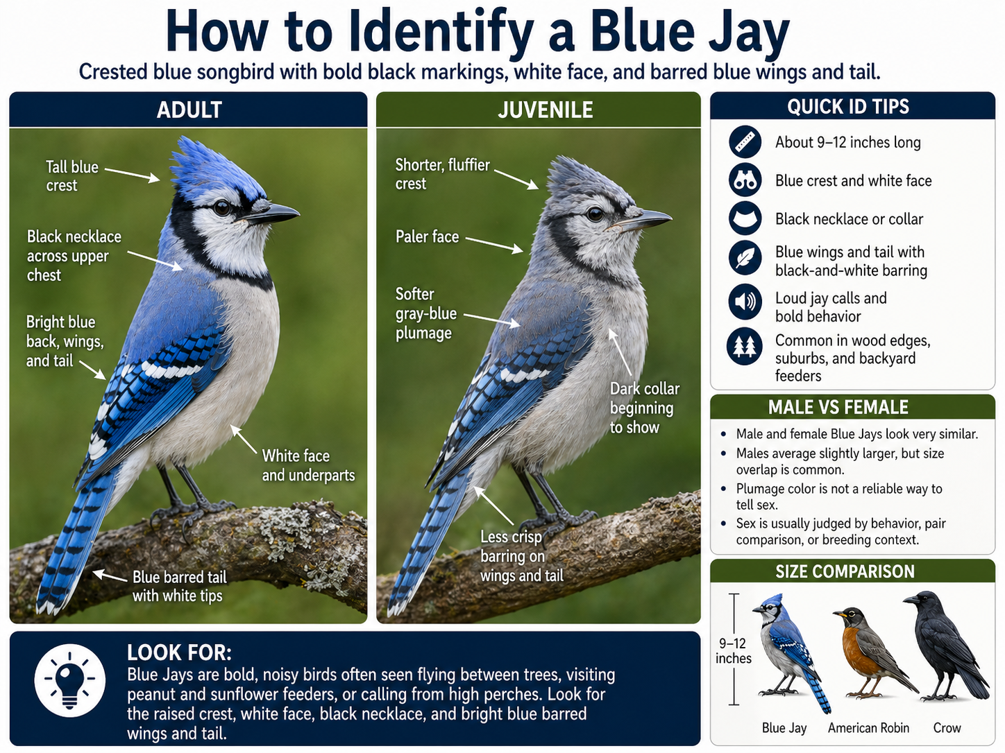 Educational identification guide for Blue Jays showing an adult and juvenile with labeled field marks, quick ID tips, a note about male vs. female differences, and a size comparison.