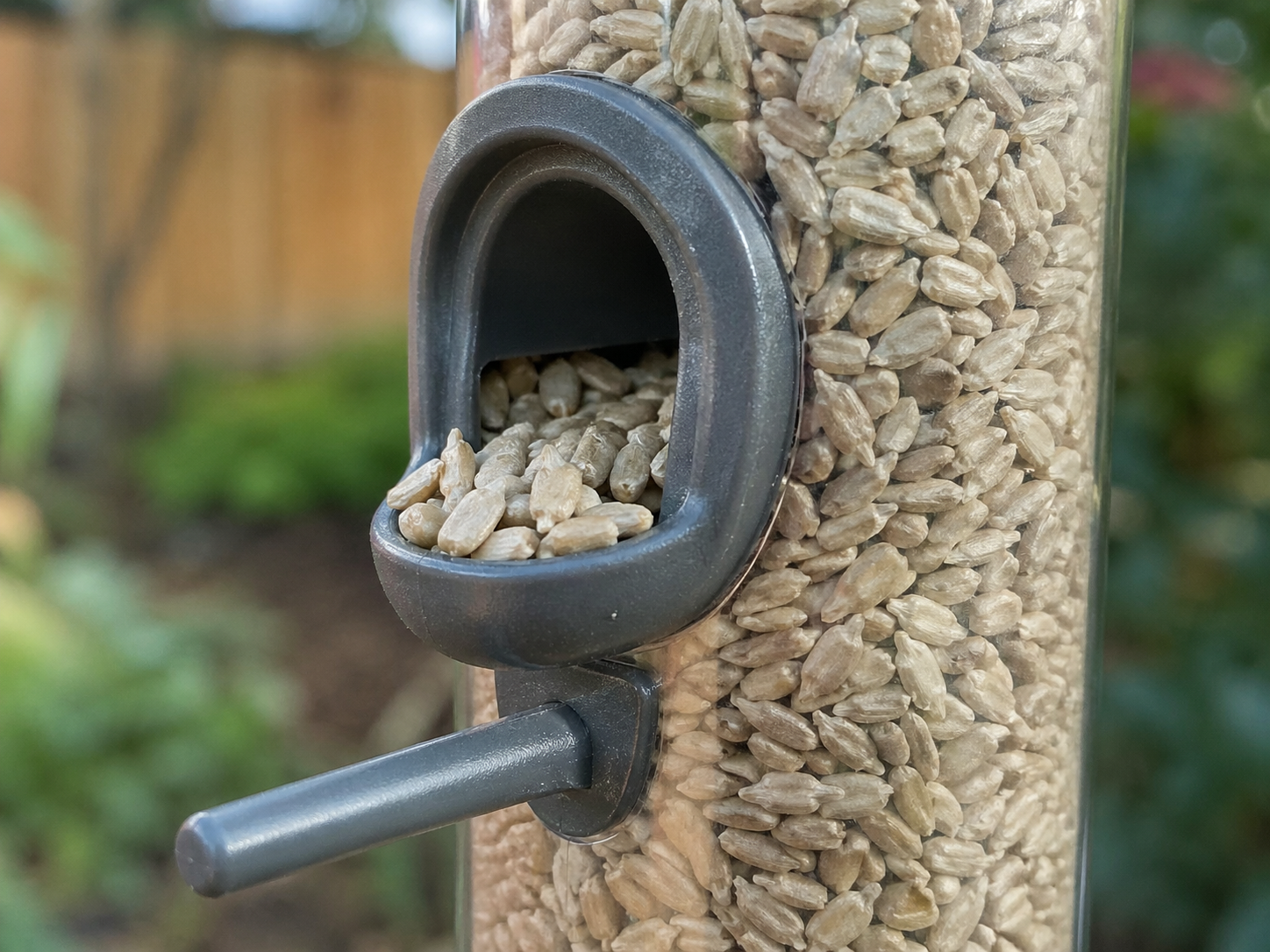 Close-up of hulled sunflower chips packed inside a clear tube feeder, with pale seeds spilling into a gray feeding port and perch.