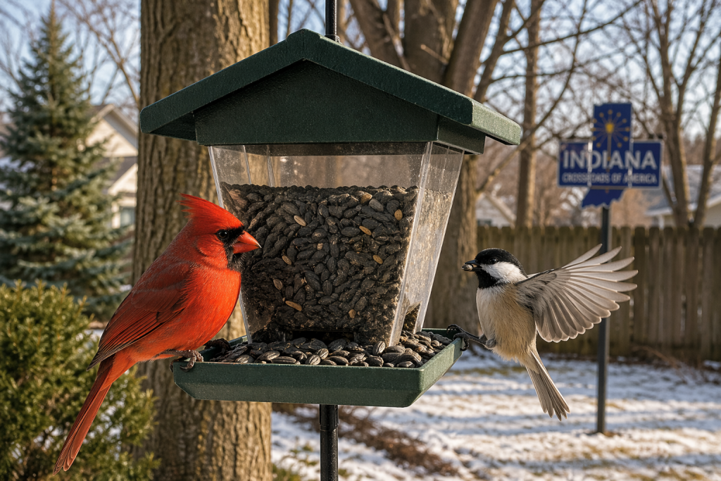 Northern cardinal and chickadee feeding at a hopper feeder in an Indiana backyard with trees and light snow