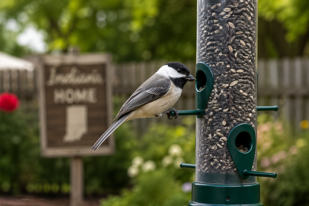 black-capped chickadee perched on a tube feeder eating sunflower seed in an Indiana backyard
