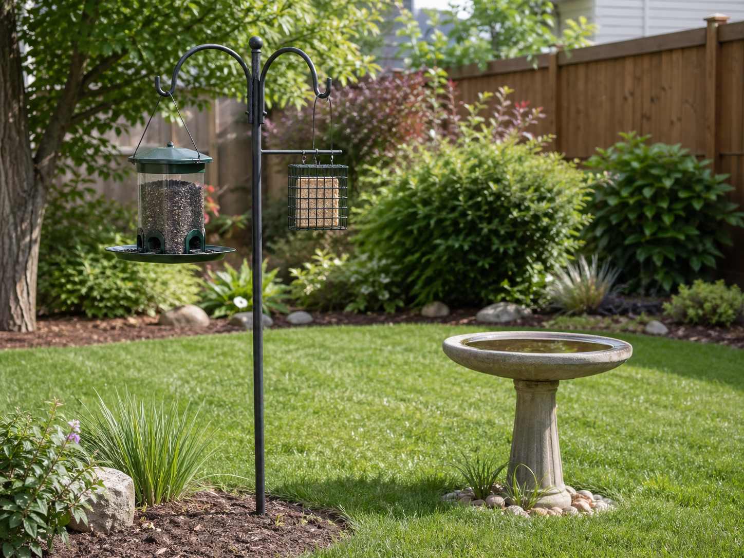 A backyard bird feeding station with a hopper feeder and suet cage hanging from a pole, with a shallow birdbath nearby on a tidy lawn.