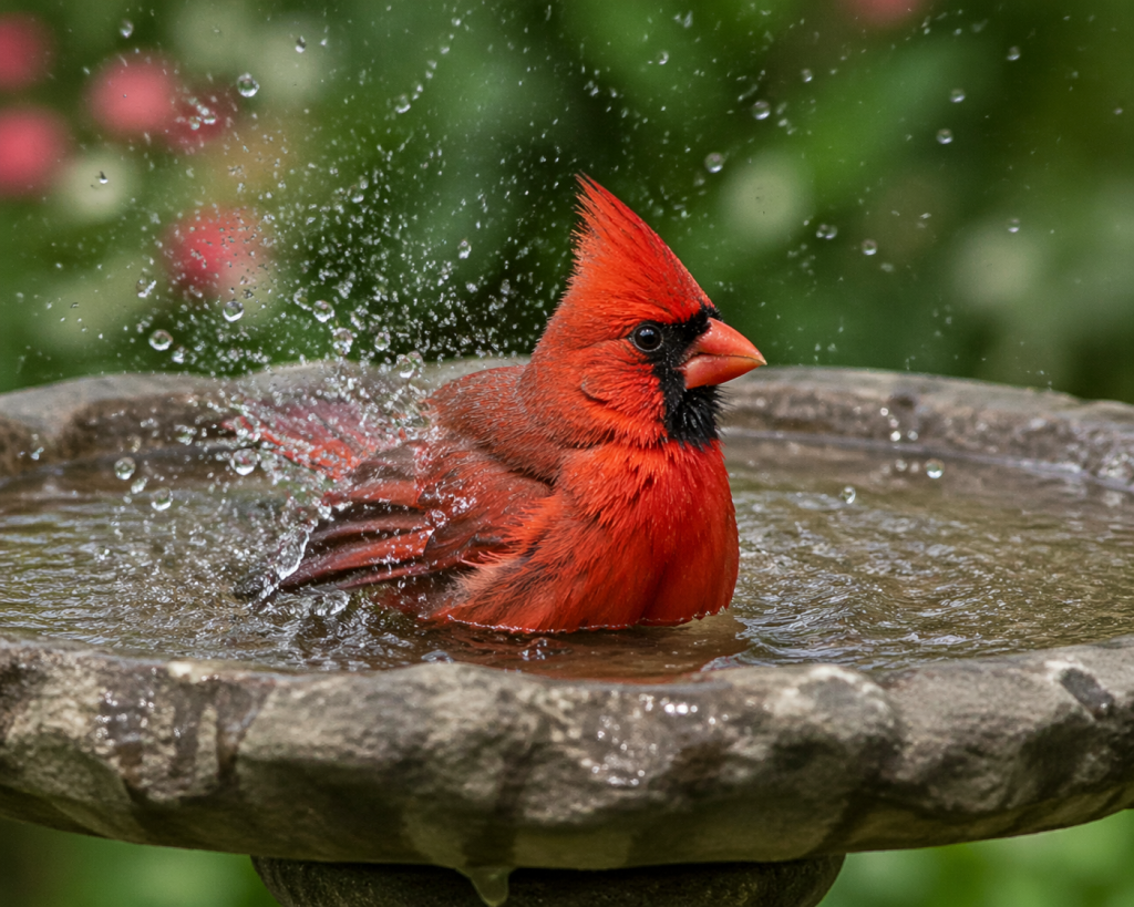 male northern cardinal bathing in a shallow backyard birdbath with water splashing around bright red feathers