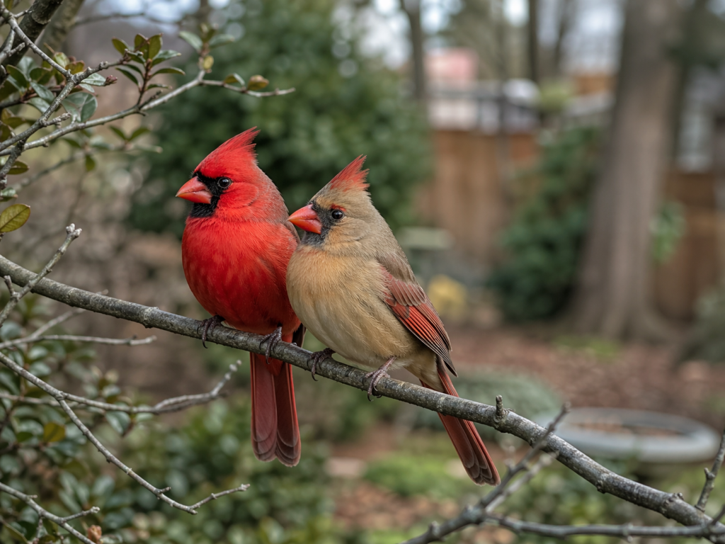 Male and female northern cardinals perched together on a branch in backyard habitat with soft natural background blur.