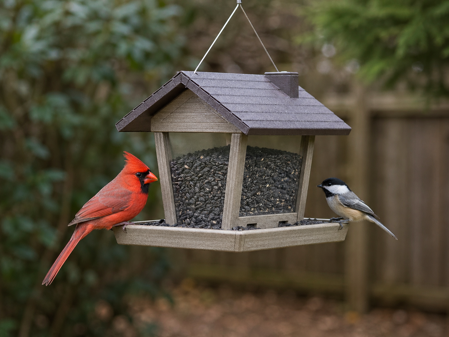 Male Northern Cardinal and Black-capped Chickadee feeding from opposite sides of a hanging hopper feeder filled with black sunflower seed in a backyard setting.