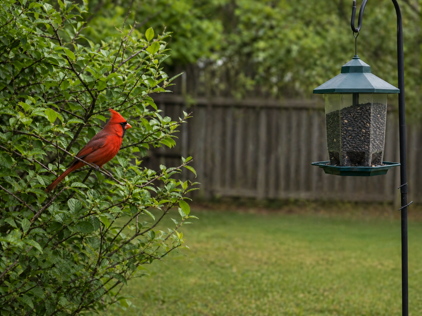 A male Northern Cardinal perches in leafy shrub cover several feet from a hopper feeder filled with black oil sunflower seed in a backyard.