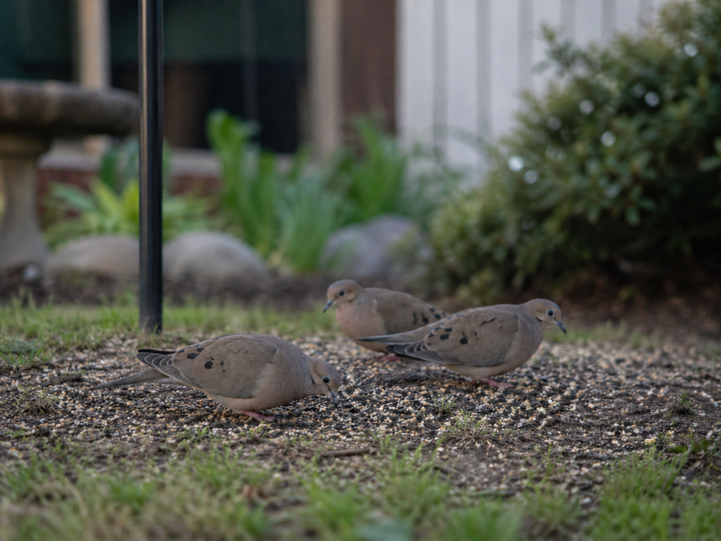 Mourning Doves foraging on the ground beneath a backyard feeder pole