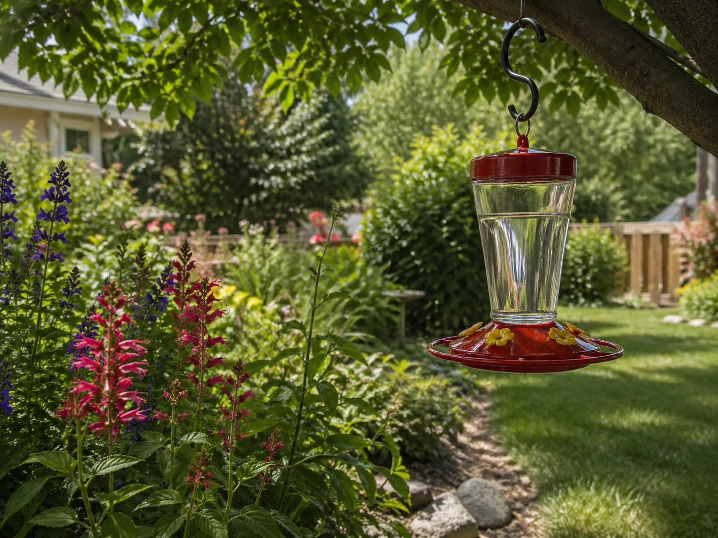 Red nectar feeder hanging in partial shade beneath a tree beside flowering plants in a backyard garden.