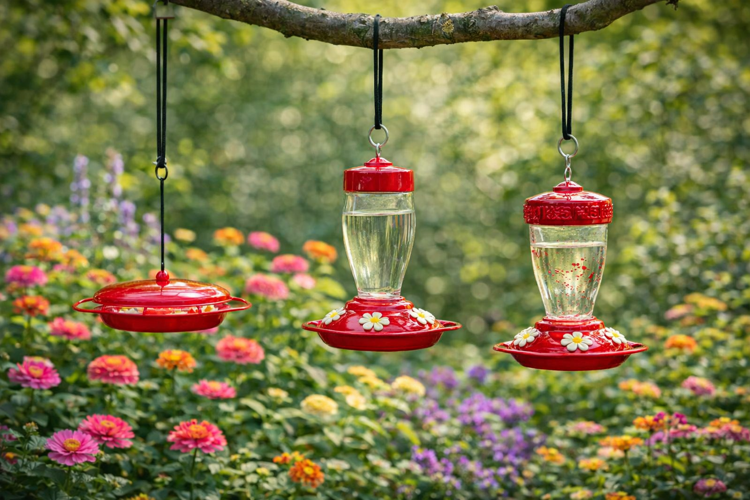 Three types of hummingbird nectar feeders including saucer, bottle, and glass styles hanging in a backyard garden